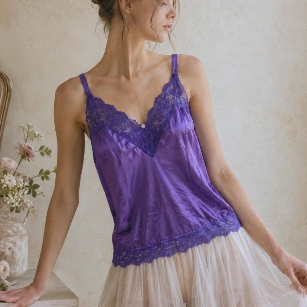 Vintage Camisole Lace 34 Purple USA Made Lingerie Top Coquette Fairy Y2K Boudoir
